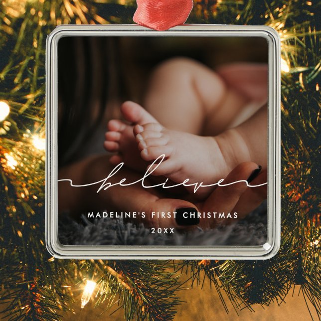 Modern Believe Baby's First Christmas photo Metal Ornament (Creator Uploaded)