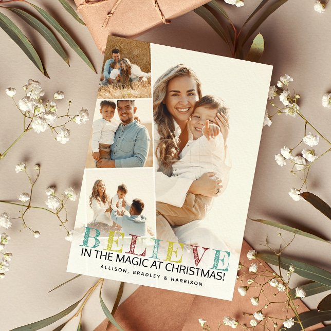 Modern 'BELIEVE' Christmas Photo Collage Holiday Card (Creator Uploaded)