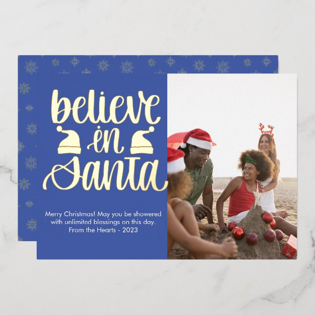 Modern Believe in Santa Photo Foil Holiday Card (Front/Back)