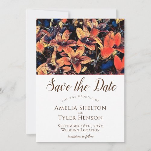 Modern Bellflowers Floral Save the Date Invitation - Modern Bellflowers Floral Save the Date Invitation. The card features floral graphics - bellflowers in blue and orange colors. Elegant and trendy typography. Personalize any text on the card.