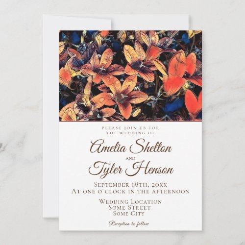 Modern Bellflowers Typography Floral Wedding Invitation - Modern Bellflowers Typography Floral Wedding Invitation. The card features floral graphics - bellflowers in blue and orange colors. Elegant and trendy typography. Easily personalize any text on the card or erase any text.