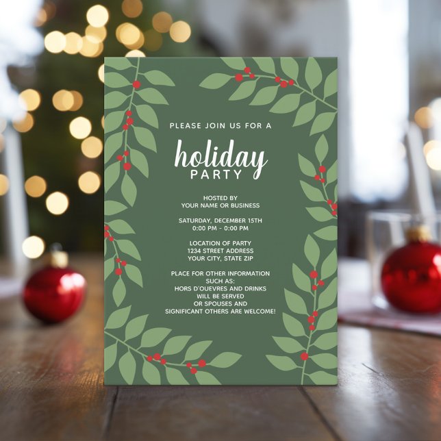 modern berries eucalyptus branches Holiday Party Invitation (Custom Holiday Invitation - Modern Botanical)