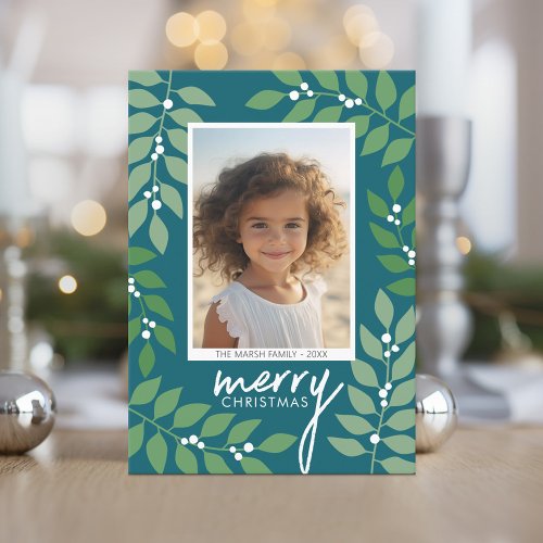 Modern berries eucalyptus branches _ photo teal holiday card