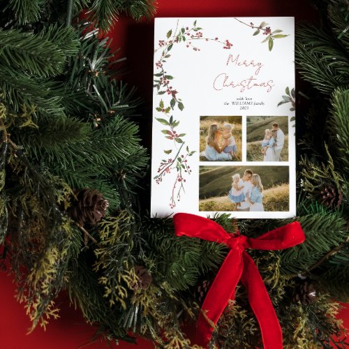 Modern Berry 3 Photo Merry Christmas Script Holiday Card