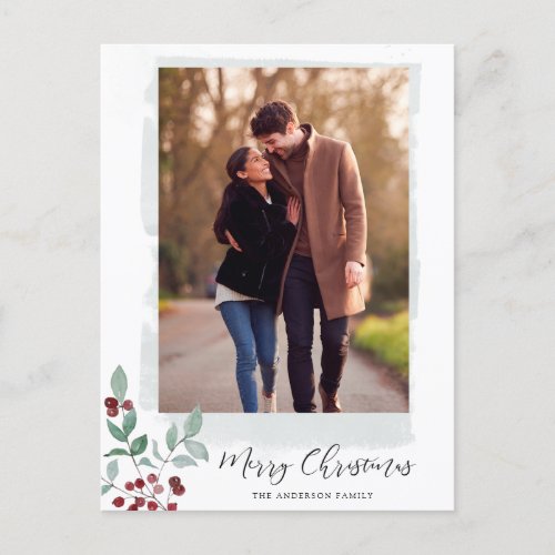 Modern Berry Calligraphy Christmas Photo Holiday Postcard