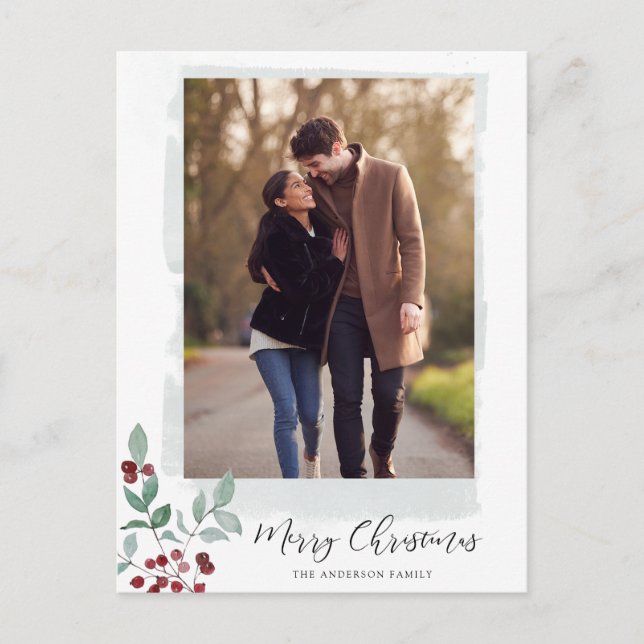 Modern Berry Calligraphy Christmas Photo Holiday Postcard (Front)