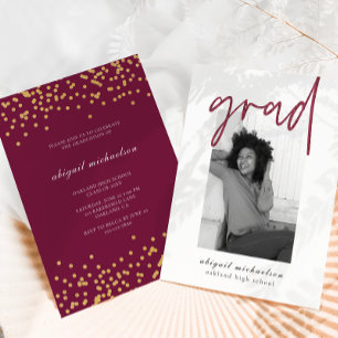 Modern Berry Faux Gold Dots Photo Graduation Party Invitation