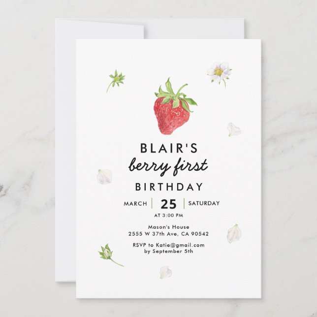 Modern Berry First Birthday Strawberry Theme Invitation (Front)