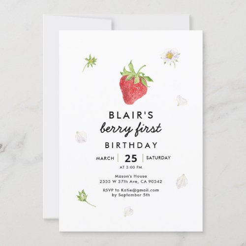 Modern Berry First Birthday Strawberry Theme Invitation