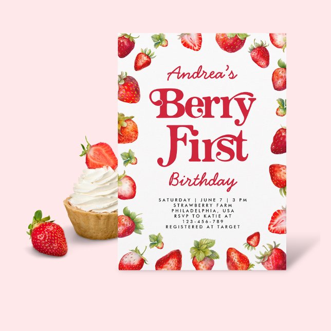 Modern Berry First Strawberry Birthday for Girls Invitation (Creator Uploaded)