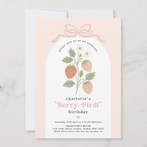 Modern Berry First Strawberry Bow Birthday Photo