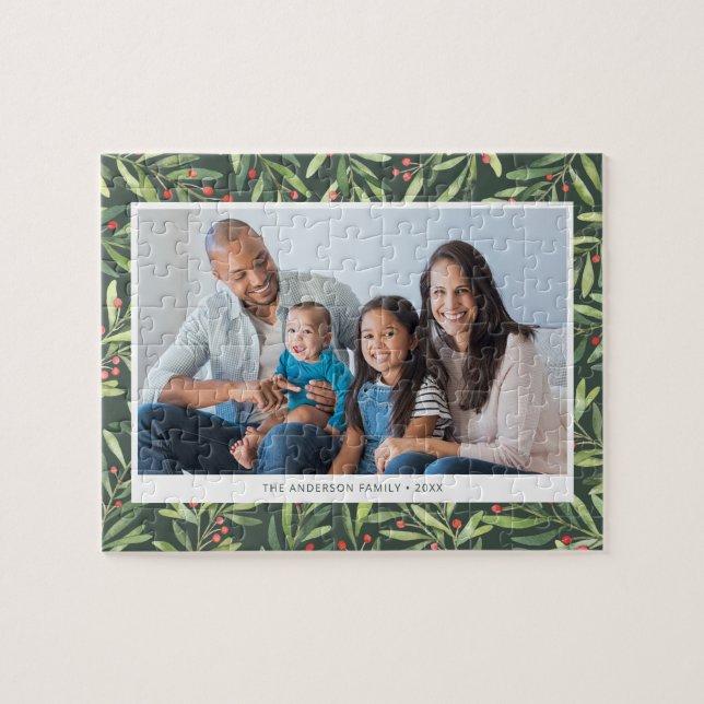 Modern Berry Greenery Green Christmas Family Photo Jigsaw Puzzle (Horizontal)
