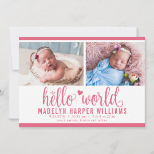 Modern Berry Pink Hello World Photo Collage Announcement