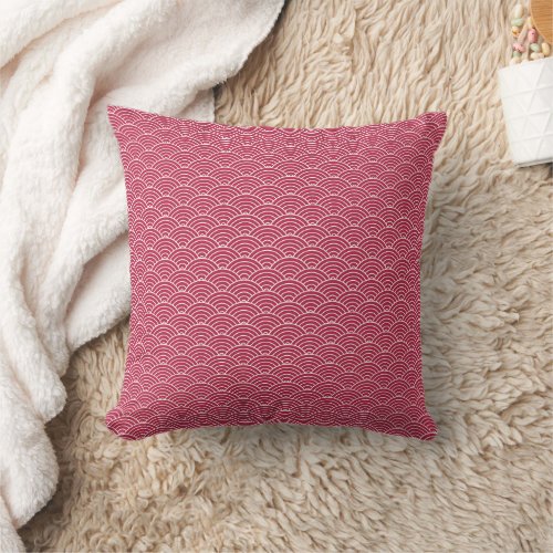 Modern Berry Red Japanese Wave Pattern Throw Pillow