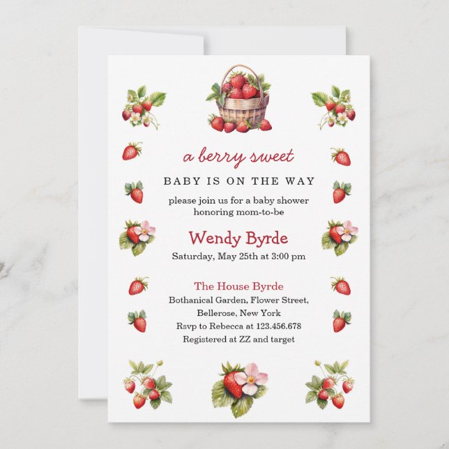 Modern Berry Sweet Baby Shower Strawberries Invitation (Front)