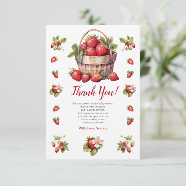 Modern Berry Sweet Baby Shower Strawberries Thank You Card (Standing Front)