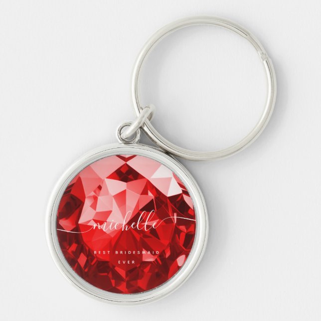 Modern Best Bridesmaid Ever Monogram Name Ruby  Keychain (Front)