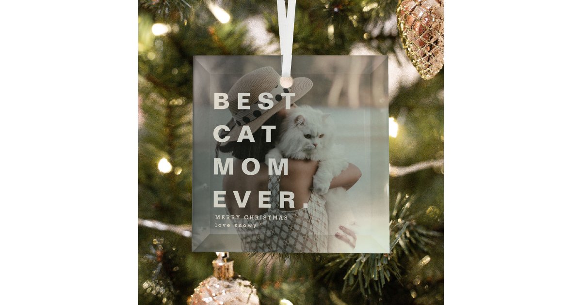 Modern BEST CAT MOM EVER Custom Photo Glass Ornament | Zazzle