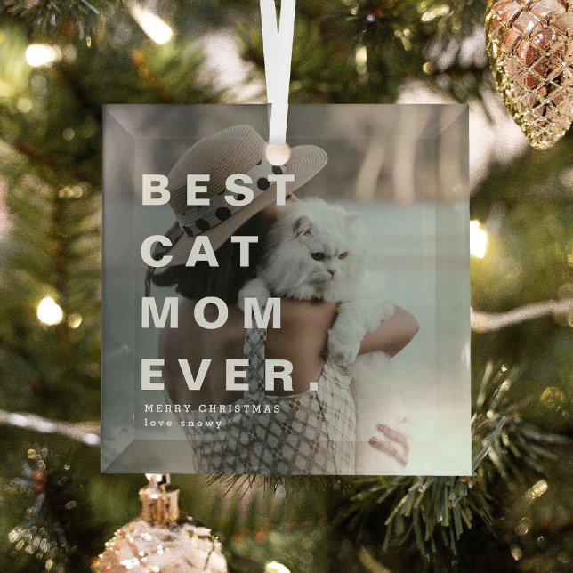 Modern BEST CAT MOM EVER Custom Photo Glass Ornament (Creator Uploaded)