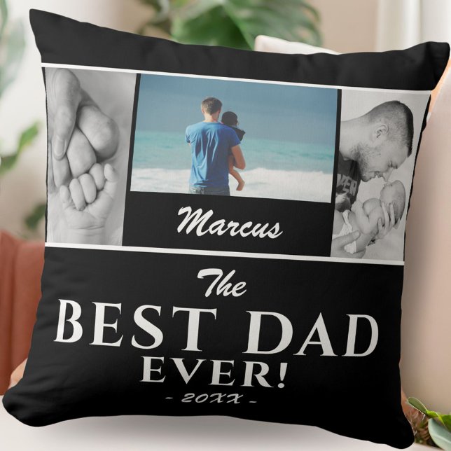 Modern Best Dad Black Father`s Day 3 Photo Collage Throw Pillow (Creator Uploaded)