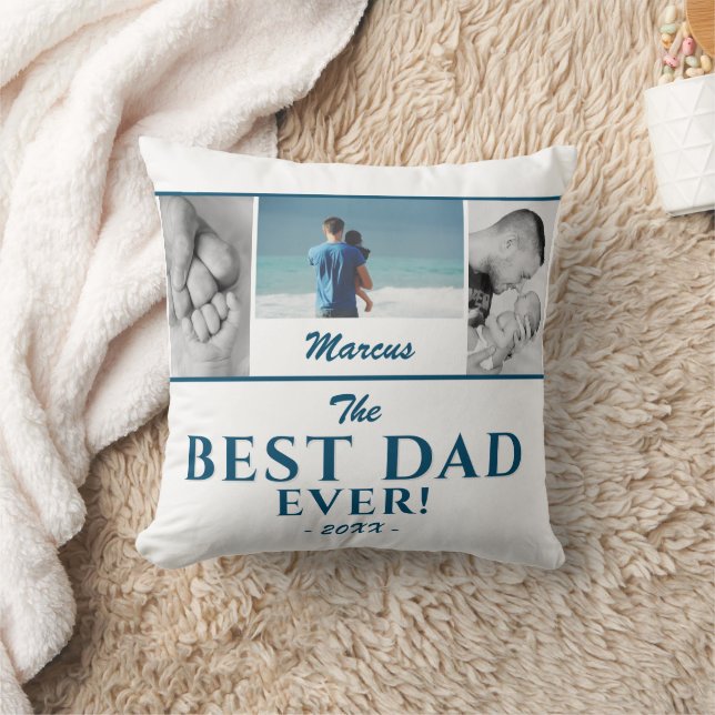 Modern Best Dad Blue Father`s Day 3 Photo Collage Throw Pillow (Blanket)