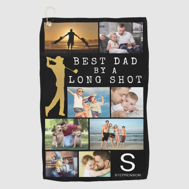 Modern BEST DAD BY A LONG SHOT 9 Photo Monogram Golf Towel (Front)