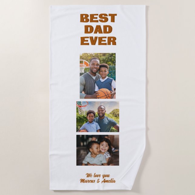 Modern Best Dad Ever 3 Photo Collage Father's Day  Beach Towel (Front)