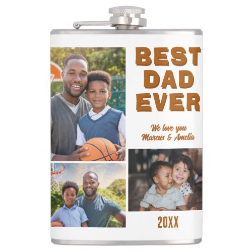 Modern Best Dad Ever 3 Photo Collage Fathers Day  Flask