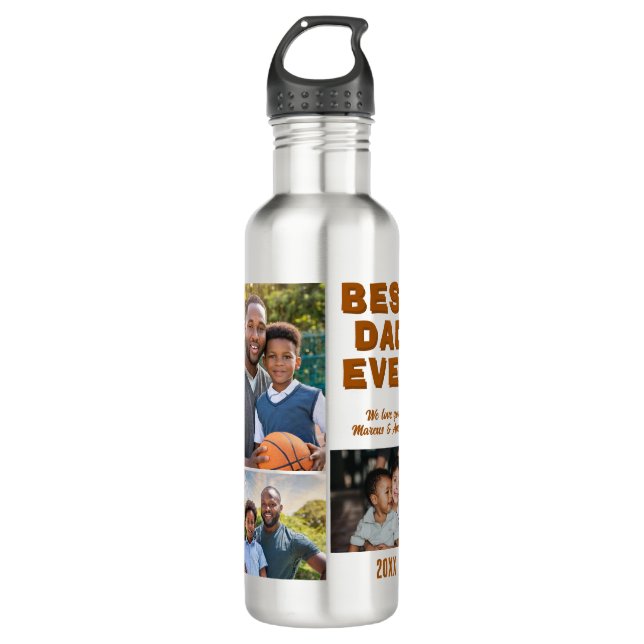 Modern Best Dad Ever 3 Photo Collage Father's Day  Stainless Steel Water Bottle (Front)