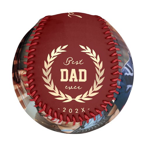 Modern Best Dad Ever 3 Photo Red Gold Baseball