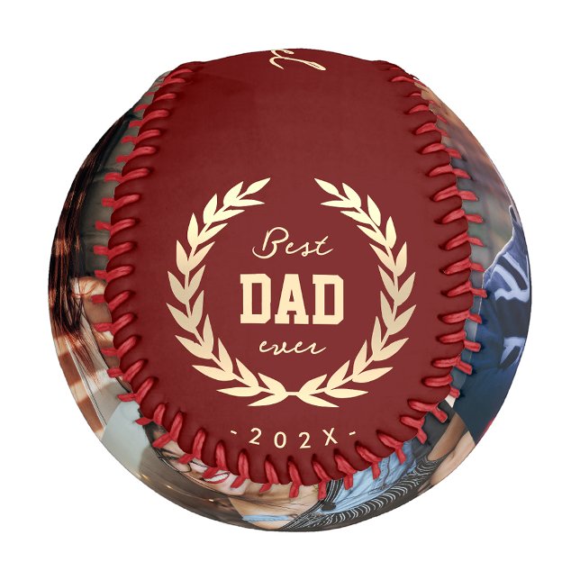 Modern Best Dad Ever 3 Photo Red Gold Baseball (Baseball for Dad Best Dad Ever Custom Name Script Photo Gold Red Modern)