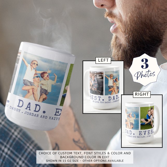 Modern BEST DAD EVER 3 Photos Navy Blue Custom Coffee Mug (Creator Uploaded)