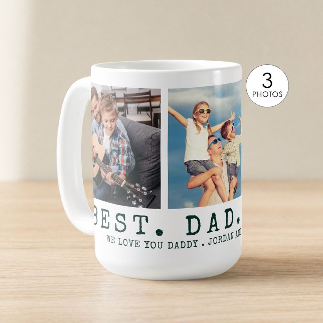 Modern BEST DAD EVER 3 Photos Personalized Green Coffee Mug (Creator Uploaded)