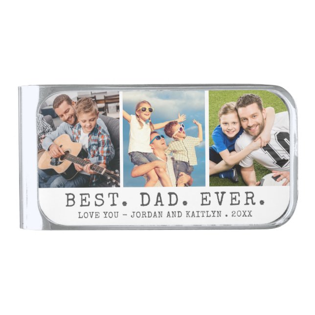 Modern BEST DAD EVER 3 Photos Personalized Silver Finish Money Clip (Front)