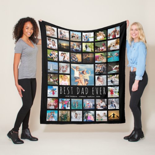 Modern BEST DAD EVER 41 Photo Collage Black Fleece Blanket - Remind him he's the BEST DAD EVER year-round with this keepsake photo collage blanket personalized with his name and your message (or change any of the text to fit your needs). Easily upload 41 of your favorite photo memories of Dad. PHOTO TIP:  For fastest/best results, choose a photo with the subject in the middle and/or pre-crop it to a square shape BEFORE uploading and it will fill the photo space perfectly. COLOR CHANGE:  Change the background color by clicking on the CUSTOMIZE FURTHER tab. Contact the designer via Zazzle Chat or makeitaboutyoustore@gmail.com if you'd like this design modified or on another produc.