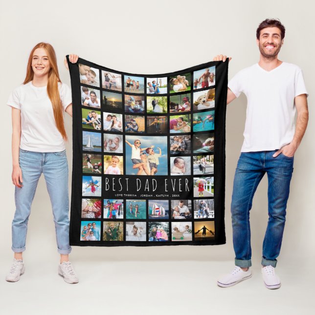 Modern BEST DAD EVER 41 Photo Collage Black Fleece Blanket (In Situ)