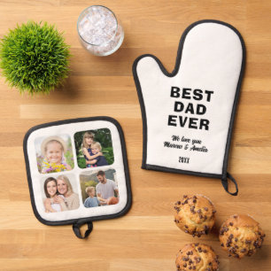 Modern Best Dad Ever 4 Photo Collage Father's Day Oven Mitt & Pot Holder Set