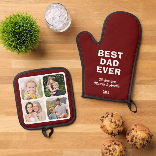 Modern Best Dad Ever 4 Photo Collage Father's Day  Oven Mitt & Pot Holder Set (Top Down)