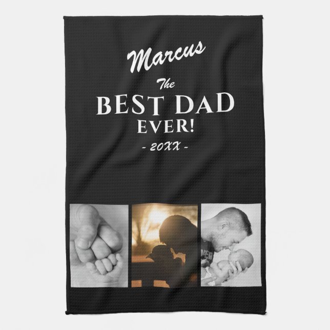 Modern Best Dad Ever Father`s Day Keepsake 3 Photo Kitchen Towel (Vertical)