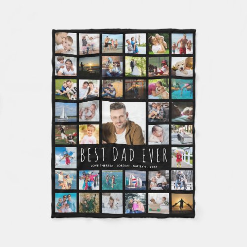 Modern BEST DAD EVER Photo Collage Black Fleece Blanket - Remind him he's the BEST DAD EVER year-round with this keepsake photo collage blanket personalized with his name and your message (or change any of the text to fit your needs). Easily upload 41 of your favorite photo memories of Dad. PHOTO TIP:  For fastest/best results, choose a photo with the subject in the middle and/or pre-crop it to a square shape BEFORE uploading and it will fill the photo space perfectly. COLOR CHANGE:  Change the background color by clicking on the CUSTOMIZE FURTHER tab. Contact the designer via Zazzle Chat or makeitaboutyoustore@gmail.com if you'd like this design modified or on another produc.