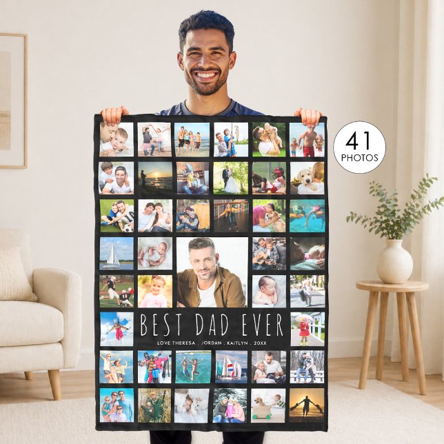 Modern BEST DAD EVER Photo Collage Black Fleece Blanket (Creator Uploaded)