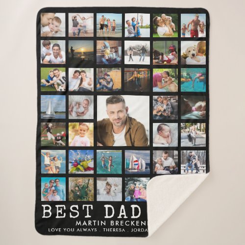 Modern BEST DAD EVER Photo Collage Your Text Black Sherpa Blanket