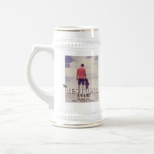 Modern Best Dad Ever Photo Father`s Day Beer Stein - Modern Best Dad Ever Photo Father`s Day Beer Stein. The text is a trendy typography that overlays the photo. You can change any text. Great gift for dad or grandpa on Father`s Day, birthday or Christmas.