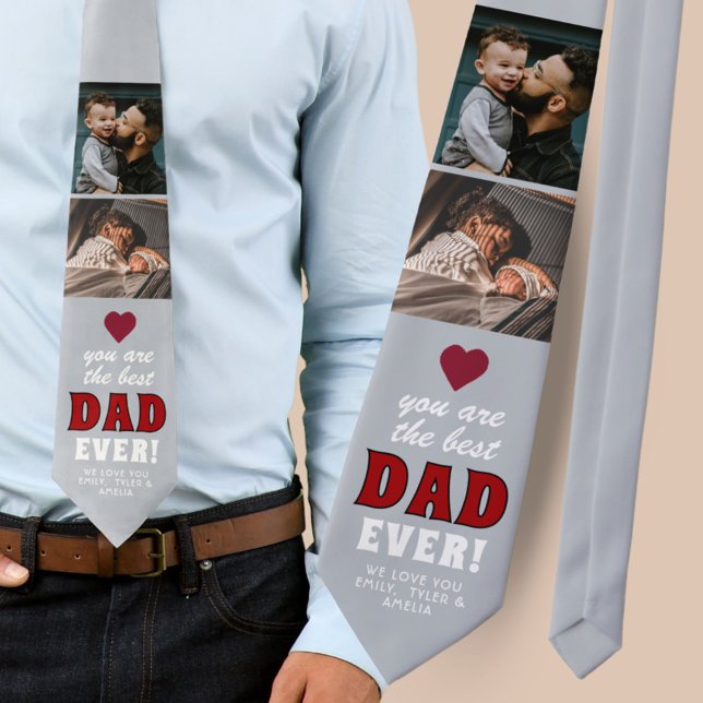 Modern Best Dad Red Heart 2 Photo Fathers Day Neck Tie (Creator Uploaded)