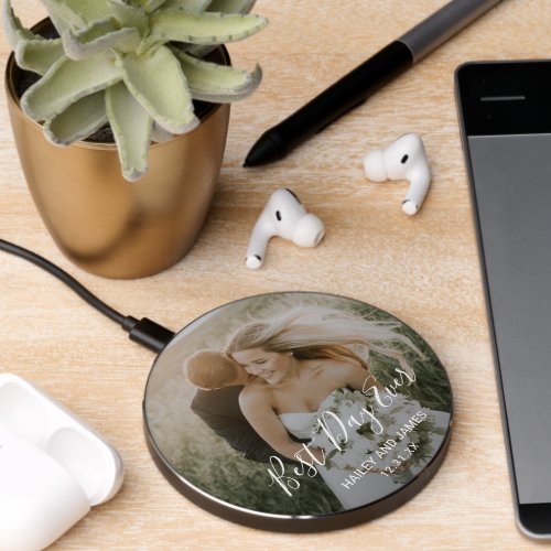 Modern Best Day Ever Simple Newlywed Photo Elegant Wireless Charger