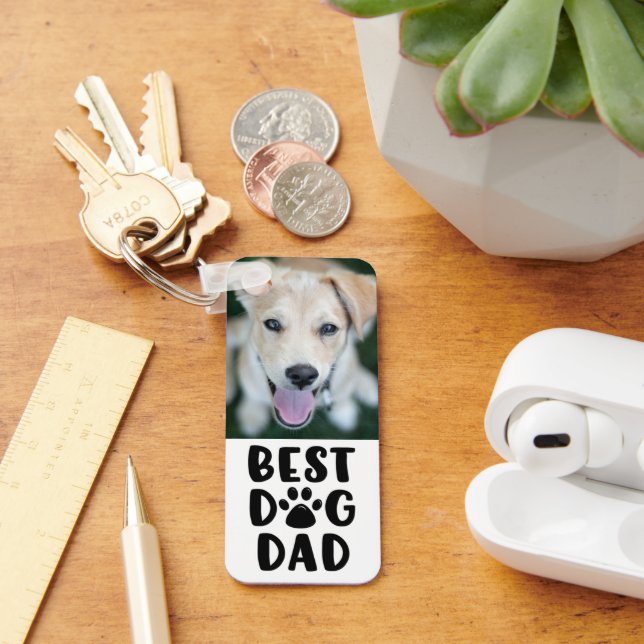 Modern BEST DOG DAD Paw Prints 2 Photos Name Keychain (Desk)