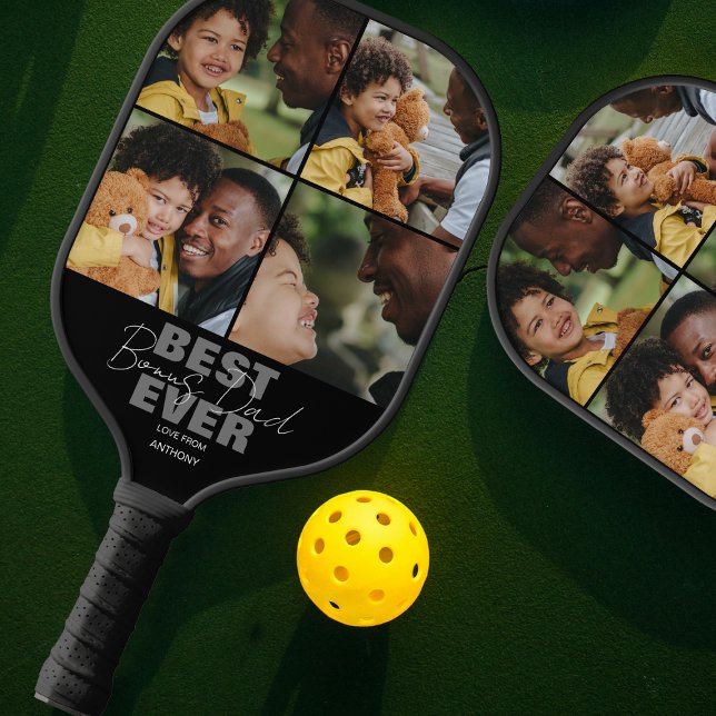 Modern Best Ever Bonus Dad | Photo Collage Pickleball Paddle (Creator Uploaded)