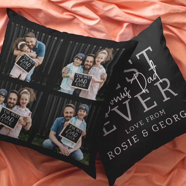 Modern Best Ever Bonus Dad | Photo Collage Throw Pillow (Creator Uploaded)
