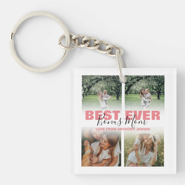 Modern Best Ever Bonus Mom | Photo Collage Keychain (Front)