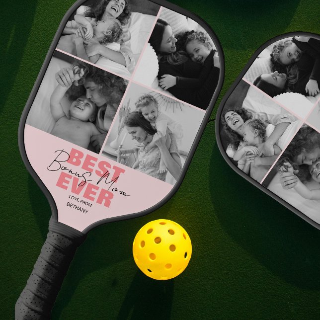 Modern Best Ever Bonus Mom | Photo Collage Pickleball Paddle (Creator Uploaded)